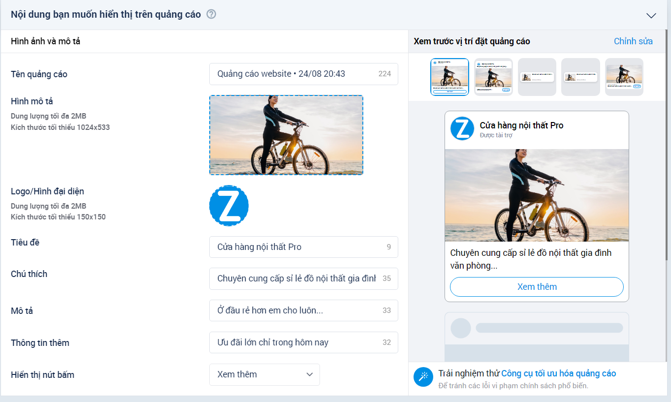 quảng cáo zalo ads nội dung